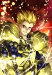  armor blonde_hair chaigidhiell earrings fate/stay_night fate_(series) gilgamesh highres jewelry light_particles male_focus red_eyes solo 