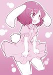  animal_ears bunny_ears bunny_tail carrot clothes_grab dress inaba_tewi jewelry kitsune_choukan monochrome open_mouth pendant pink short_hair smile solo tail touhou 