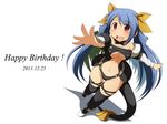  :d asymmetrical_wings bare_shoulders blue_hair blush bow breasts dizzy guilty_gear hair_bow happy_birthday highres long_hair medium_breasts mirano navel open_mouth red_eyes ribbon smile solo tail tail_ribbon twintails underboob wings 