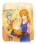  ahoge alternate_hairstyle apron ayanami_rei blue_eyes blue_hair casual chicken_(food) cooking eva_01 food food_on_face gloves hatikou kitchen licking multiple_girls neon_genesis_evangelion orange_hair ponytail red_eyes souryuu_asuka_langley steam whisk 