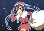  belt black_hair brown_eyes christmas elbow_gloves gloves hat jpeg_artifacts k-on! long_hair nakano_azusa oku_no_shi open_mouth pom_pom_(clothes) red_gloves sack santa_costume santa_hat solo thighhighs twintails 