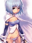  blue_eyes blue_hair breasts cloak dual_wielding elbow_gloves fumio_(rsqkr) gloves groin holding looking_at_viewer mahou_shoujo_madoka_magica miki_sayaka navel panties short_hair small_breasts smile smirk solo striped striped_panties sword underwear weapon 