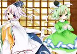  blue_eyes green_eyes green_hair japanese_clothes kotokura_imu mononobe_no_futo multiple_girls soga_no_tojiko touhou white_hair wide_sleeves 