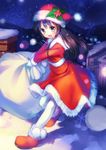  :d black_hair blue_eyes blush boots chimney christmas dress fur_trim gloves hat highres long_hair long_skirt looking_at_viewer open_mouth original pantyhose ribbon sack santa_costume santa_hat skirt smile snowflakes solo takoyaki_(roast) white_gloves white_legwear 