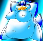  avian beak big_breasts blue blue_body blue_eyes blue_theme breasts cool_colors female half-closed_eyes huge_breasts kneeling morbidly_obese navel nipples obese overweight penguin silverhammerbro solo tail 