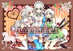 adapted_costume bare_shoulders blue_eyes boots bow braid breasts cleavage color_connection flower fujiwara_no_mokou ghost hair_bow hair_color_connection hairband heart hitodama holster ibuki_hasu izayoi_sakuya katana knee_boots kneeling konpaku_youmu konpaku_youmu_(ghost) long_hair looking_at_viewer maid_headdress medium_breasts multiple_girls rose short_hair shorts silver_hair skirt small_breasts smile suspenders sword thigh_boots thigh_holster thighhighs touhou twin_braids very_long_hair weapon white_legwear zettai_ryouiki 