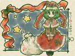  bad_id bad_pixiv_id blush bow capelet christmas cross-laced_footwear dress frame frills front_ponytail green_eyes green_hair hair_bow hair_ornament hair_ribbon happy highres kagiyama_hina long_hair looking_at_viewer mittens nekoma_(phage) red_dress ribbon sack smile solo star touhou translated 