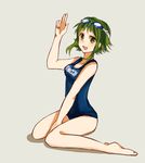  :d arm_up barefoot character_name full_body goggles goggles_on_head green_eyes green_hair grey_background gumi looking_at_viewer one-piece_swimsuit open_mouth school_swimsuit short_hair short_hair_with_long_locks sidelocks simple_background sitting smile solo swimsuit tomoyami translated vocaloid wariza 