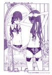  fuyukawa_motoi lingerie monochrome mouth_hold official_art reflection ribbon shirai_kuroko solo thigh_strap to_aru_kagaku_no_railgun to_aru_majutsu_no_index underwear 