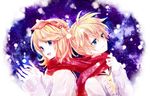  1girl bad_id bad_pixiv_id blonde_hair blue_eyes brother_and_sister hair_ornament hair_ribbon hairclip highres kagamine_len kagamine_rin red_scarf ribbon scarf serinavvv shared_scarf short_hair siblings smile twins vocaloid 