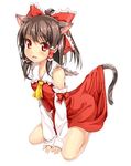  animal_ears ascot blush bow breasts brown_hair cat_ears cat_tail collarbone detached_sleeves fang hair_bow hair_tubes hakurei_reimu kantoku_(style) kemonomimi_mode looking_at_viewer mx2j_(nsh6394) open_mouth red_eyes short_hair simple_background sitting skirt skirt_lift small_breasts solo tail touhou v_arms white_background white_legwear 