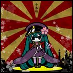  chibi green_hair hat hatsune_miku long_hair peaked_cap pigeon-toed rising_sun senbon-zakura_(vocaloid) solo sunburst thighhighs twintails unmoving_pattern very_long_hair vocaloid 