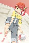  barefoot dirty_feet footprints hair_ribbon mattaku_mousuke mouth_hold original overalls paint paint_can paintbrush red_hair ribbon side_ponytail solo spill strap_slip tiles trim_brush 