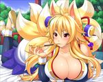  animal_ears bare_shoulders blonde_hair blush breasts cleavage detached_sleeves fox_ears fox_tail huge_breasts izuna_(shinrabanshou) kiseru light_smile long_hair lying multiple_tails on_stomach pipe red_eyes shinrabanshou solo somejima tail 