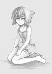  bare_shoulders barefoot bloomers dress flat_chest greyscale monochrome original pas_(paxiti) pilo seiza short_hair sitting solo spaghetti_strap underwear 