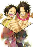 baton black_hair brothers clenched_teeth closed_eyes hat jewelry monkey_d_luffy multiple_boys necklace no_hat no_headwear one_piece open_mouth portgas_d_ace scar serious siblings simple_background smile straw_hat teeth younger 