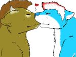  ambiguous_gender bear blue_fur brown_fur brown_hair canine caprine eyes_closed female fur goat hair kissing lesbian mammal patchworkspirit plain_background red_eyes two_tone_hair unknown_species white_background wolf 