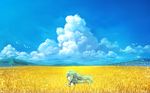  bad_id bad_pixiv_id banned_artist blue_sky brown_eyes byo_(kuro_usagi) cloud day field green_hair long_hair mountain original profile scenery sky solo summer wallpaper wheat wind 