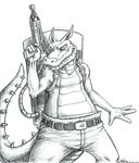  black_and_white canine clothed clothing crash_bandicoot_(series) crocodile dingo dingodile dog flamethrower greyscale half-dressed jenl male mammal monochrome pants ranged_weapon reptile scalie sketch solo spikes tail teeth topless video_games weapon 