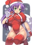  blush boots breasts carrying faris_scherwiz final_fantasy final_fantasy_v green_eyes groin hat high_heels highleg highleg_leotard large_breasts leotard long_hair nagase_haruhito purple_hair red_legwear red_leotard sack santa_costume santa_hat shoes solo thigh_boots thighhighs 