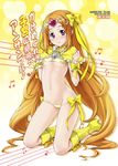  adapted_costume bandeau beamed_sixteenth_notes bikini blonde_hair boots bow choker cure_muse_(yellow) eighth_note flat_chest knee_boots kneeling lowleg lowleg_bikini musical_note navel o-ring o-ring_top precure rating red_eyes revealing_clothes shiny shiny_skin shirabe_ako solo staff_(music) suite_precure swimsuit takurou wrist_cuffs yellow_background yellow_bow yellow_choker 
