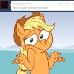  animal_ears ask_jappleack blonde_hair english_text equine female fingers friendship_is_magic green_eyes hair hands hat horse hotdiggedydemon looking_at_viewer mammal my_little_pony pony shrug text tumblr 