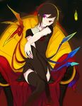  asymmetrical_wings black_hair black_legwear dress fakepucco hands head_tilt heterochromia houjuu_nue legs looking_at_viewer purple_eyes red_eyes short_hair sitting smile solo thighhighs touhou wings zettai_ryouiki 