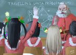  2011 5girls absurdres antlers ari_rein arm_up beard bell chalkboard christmas christmas_tree classroom dated facial_hair gift highres indoors md5_mismatch multiple_girls santa_claus signature 
