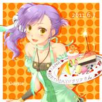  2011 bad_id bad_pixiv_id cake character_name chocolate dated food fruit happy_birthday highres long_hair odette_(rune_factory) okitsune_(okitsune-sama) orange_background polka_dot polka_dot_background purple_hair rune_factory rune_factory_oceans side_ponytail solo yellow_eyes 