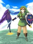  1girl artist_request belt blonde_hair blue_eyes blue_hair cape fi gloves hat link pantyhose pointy_ears shield source_request sword tegaki the_legend_of_zelda the_legend_of_zelda:_skyward_sword weapon 