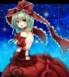  adapted_costume backless_dress backless_outfit bad_id bad_pixiv_id banned_artist bare_back bare_shoulders bow dress frills from_behind front_ponytail green_eyes green_hair hair_bow hair_ornament hair_ribbon highres kagiyama_hina lace long_hair looking_back open_mouth red_dress ribbon shoulder_blades smile snowflakes solo touhou tsukiriran 