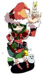  :p adapted_costume bell belt boots candle capelet christmas christmas_tree front_ponytail full_body green_eyes green_hair hat kagiyama_hina kannazuki_hato leaf ringed_eyes santa_costume santa_hat simple_background smile snowman solo syringe tongue tongue_out touhou 