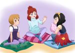  3girls all_dogs_go_to_heaven annadm anne-marie black_hair blonde_hair blue_eyes brown_eyes cushions disney don_bluth dress hairbow jennifer_foxworth leggings multiple_girls no_background oliver_and_company penny pillows red_hair safe sleepover the_rescuers 