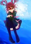 ashuho bare_shoulders black_legwear boots bubble colored_eyelashes detached_sleeves drill_hair floating_hair kasane_teto looking_at_viewer red_eyes red_hair short_hair solo thigh_boots thighhighs twin_drills twintails underwater utau zettai_ryouiki 