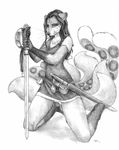  black_and_white canine clothed clothing feline female fox greyscale hybrid kitsune kneeling leopard mammal monochrome multiple_tails plain_background sabretoothed_ermine sketch skimpy snow_leopard solo sword tail weapon whiskers white_background 
