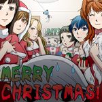  6+girls amagi_yukiko black_hair blue_eyes blue_hair brown_eyes brown_hair capelet christmas ebihara_ai gift green_eyes green_hair grey_hair hair_over_one_eye hanamura_yousuke harem highres kujikawa_rise kuma_(persona_4) long_hair matsunaga_ayane md5_mismatch mokoi_(megami_tensei) multiple_boys multiple_girls narukami_yuu persona persona_4 santa_costume satonaka_chie shirogane_naoto short_hair sweatdrop tatsumi_kanji tokiwa_(mukoku) twintails 