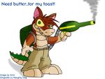  belt brown brown_body canine chibi clothed clothing crash_bandicoot_(series) crocodile dingo dingodile dog flamethrower green_eyes grin half-dressed looking_at_viewer mammal pants plain_background ranged_weapon reptile scalie tail teeth topless video_games weapon white_background yellow_sclera 