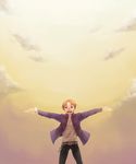  bad_id bad_pixiv_id belt black_eyes bracelet fate/stay_night fate/zero fate_(series) highres jacket jewelry male_focus orange_hair outstretched_arms purple_jacket sky sndokome solo uryuu_ryuunosuke 