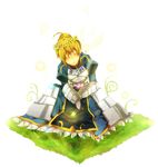  ahoge armor artoria_pendragon_(all) bad_id bad_pixiv_id blonde_hair bug butterfly closed_eyes daradara2 dress fate/stay_night fate_(series) faux_figurine flower gauntlets grass hair_ribbon head_wreath insect ribbon saber smile solo wreath 