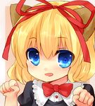  animal_ears bad_id bad_pixiv_id blonde_hair blue_eyes blush bow cat_ears hair_bow highres kemonomimi_mode looking_at_viewer medicine_melancholy open_mouth paw_pose portrait sawatari_(sado) short_hair solo touhou 