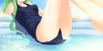  :3 collarbone copyright_request ezakishii green_hair head_out_of_frame highres leaning_back long_hair one-piece_swimsuit partially_submerged school_swimsuit sitting solo swimsuit very_long_hair water 