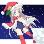  bad_id bad_pixiv_id blue_eyes cape christmas ebisuke hat little_busters! long_hair noumi_kudryavka one-piece_swimsuit sack santa_costume santa_hat school_swimsuit shawl silver_hair solo swimsuit thighhighs 