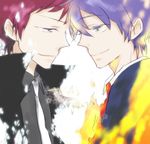  blue_hair fire formal glass green_eyes ichino_(artist) jacket mawaru_penguindrum multiple_boys necktie red_hair school_uniform smile spoilers takakura_kanba takakura_shouma 