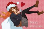  argyle argyle_background bad_id bad_pixiv_id brown_eyes brown_hair hat hirasawa_yui ichinose_(ktmnn) k-on! merry_christmas pantyhose pink_background sack santa_hat scarf school_uniform short_hair solo typo 