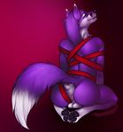 anthro anus azelyn balls blue_eyes bound butt canine claws fox fur gradient_background hair hindpaw kneeling looking_back male mammal nude pawpads paws presenting presenting_hindquarters purple purple_body purple_fur purple_hair raised_tail short_hair smile solo tail tied unknown_species white white_fur 