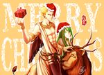  androgynous anger_vein antlers armlet blonde_hair bracelet christmas earrings enkidu_(fate/strange_fake) fate/stay_night fate/strange_fake fate/zero fate_(series) gift gilgamesh green_eyes green_hair hat jewelry lion long_hair multiple_boys necklace red_eyes santa_hat short_hair toga zimuyu 