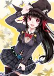  :d adjusting_clothes adjusting_hat animal_ears belt black_hair black_legwear blush bow cat_ears ears_through_headwear hair_ribbon hat long_hair modose_ruruki open_mouth original plaid plaid_skirt red_eyes ribbon skirt slit_pupils smile solo thighhighs wand witch_hat 