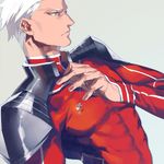  archer collant cosplay dark_skin dark_skinned_male fate/stay_night fate_(series) grey_eyes jewelry lancer lancer_(cosplay) male_focus necklace pauldrons pendant red_shirt rei_(sanbonzakura) shirt shoulder_pads solo white_hair 