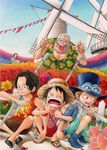  4boys arm_hug basket black_hair boots brothers bug bush closed_eyes dutch_angle fence finger_to_mouth flower freckles goggles hat insect ladybug lead_pipe makino_(one_piece) monkey_d_garp monkey_d_luffy multiple_boys old_man one_knee one_piece open_mouth portgas_d_ace sabo_(one_piece) sandals scar shirt siblings sitting smile squatting straw_hat t-shirt tongue top_hat white_hair windmill wooden_fence younger 