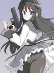  akemi_homura ass black_hair blush desert_eagle gradient gradient_background gun handgun long_hair looking_back mahou_shoujo_madoka_magica naitou_kouse panties panties_under_pantyhose pantyhose pistol purple_eyes solo underwear weapon white_panties 